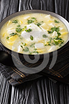 Pisca AndinaÃÂ is a soup usually made with chicken broth, diced potatoes and eggs, then garnished with white cheese and cilantro photo